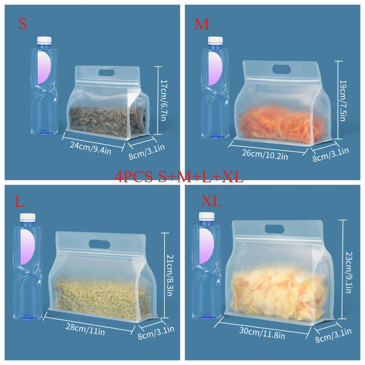4PC PET Food Storage Bag Stand Up Zip Shut Bags Reusable Ziplock Saran Wrap Plastic Bags Leakproof Food Fresh-keeping Packaging