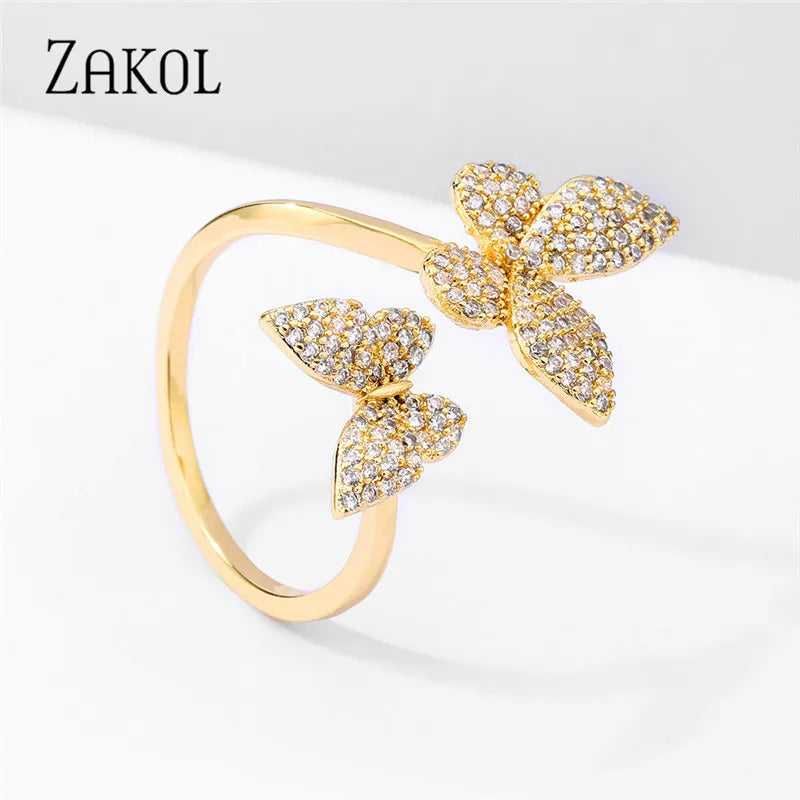 ZAKOL Exquisite Micro Inlay Zircon Butterfly Open Rings for Women Fashion Wedding Party Jewelry