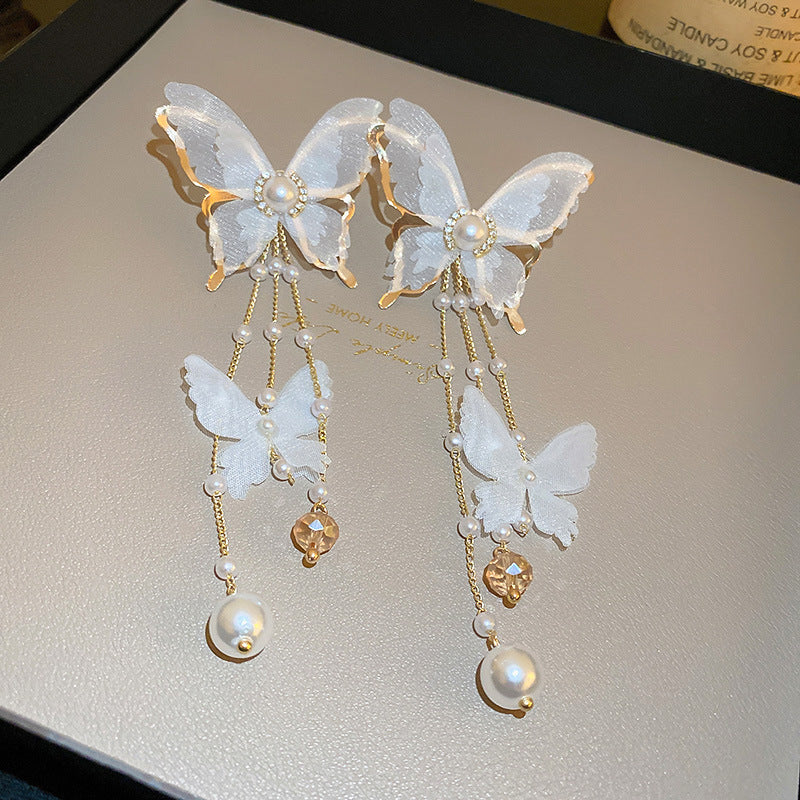 Silver Needle Inlaid with Diamonds and Pearls Flower Tassel Earrings Niche Style Atmosphere Earrings Fashionable Light Luxury High-end Earrings