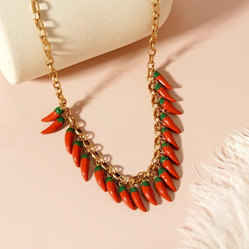 Fashion Trends Red Chilli Tassels Pendant Necklace Vegetable Adjustable Jewelry Banquet Party for Women Gifts