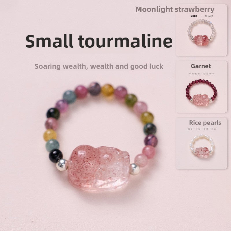 Natural Tourmaline Pixiu Ring Freshwater Pearl Garnet Crystal Stretch Good Luck Peach Blossom Rings