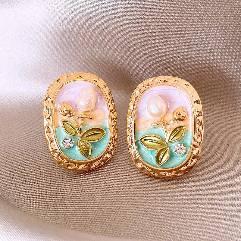 Vintage Oil Painting Style Flower Earrings Fashion Imitates Pearl Geometric Drop Earrings High-End Wedding Jewelry Accessories