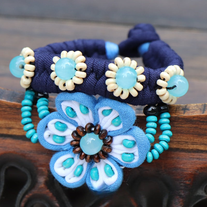 Blue Tie Dye Cloth Bracelet Dali Lijiang Hot Sale Hand-stitched Flower Fabric Bracelet Bracelet