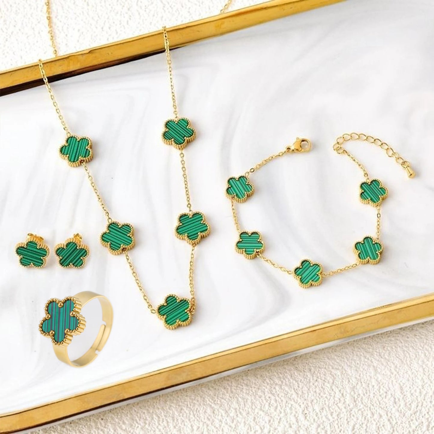 Classic Luxury 4pcs Stainless Steel Bracelet Necklace Earrings Ring Five Leaf Flower Jewelry Set for Women Party Jewelry Clover