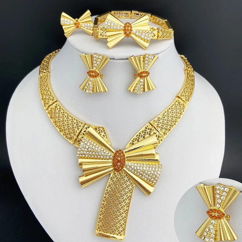 Italy 18k Gold Plated Women Jewelry Set Classic Design Bowknot Necklace Earring Bracelet And Ring 4PCS Set Jewelry Wedding Party