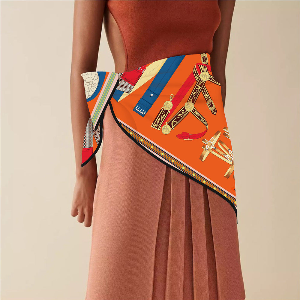 90cm Silk Scarf Women Belt Chain Design Square Scarf Head Echarpes Silk Foulards Femme Wraps Beach Shawls Bandana Lady Hijabs