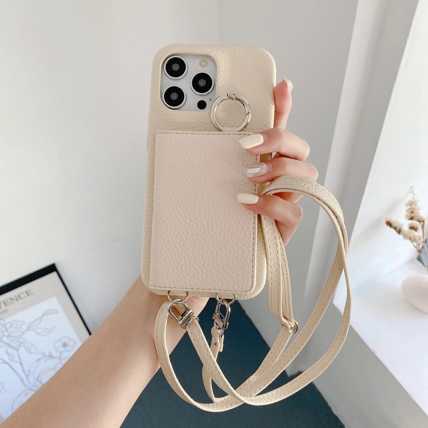 Ring Holder Mirror Card Slot Case For iPhone 13 12 Mini 16E 16 15 14 11 Pro XS Max 8 Plus Crossbody Wallet Lanyard Leather Cover