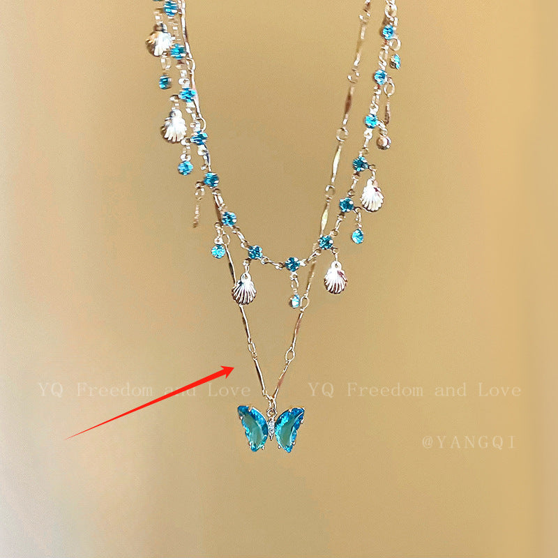 Blue Butterfly Double Tassel Necklace Summer Cool Necklace Accessories Female Niche Clavicle Chain