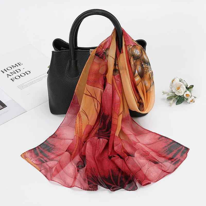 Lotus Print Chiffon Scarf Fashionable Lightweight Neck Scarf For Women Summer Neck Sun Protection Silk Scarf Shawl 150*50cm