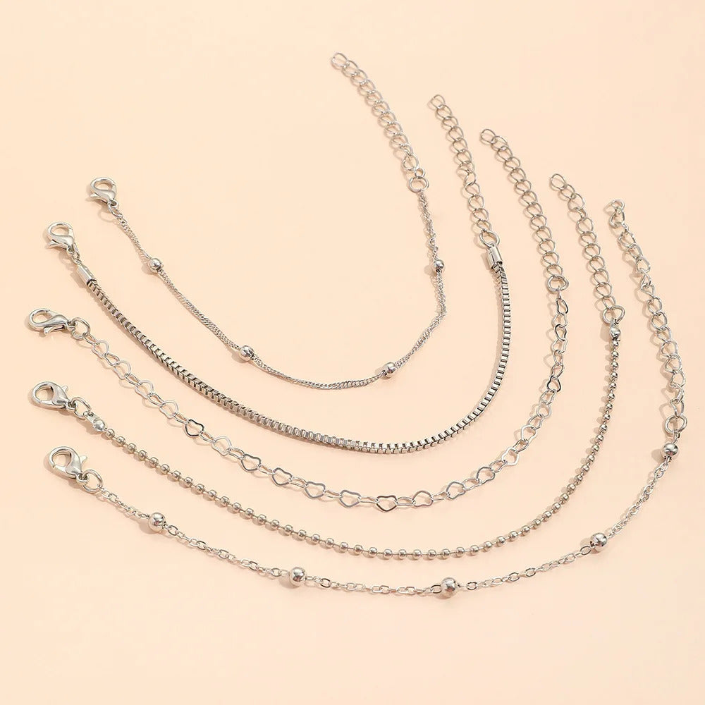5pcs/set Exquisite Gold/Silver Color Thin Heart Chain Bracelets Set For Women Daily Wear Jewelry Accessories