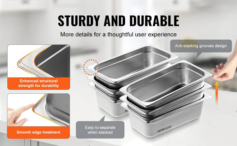 VEVOR 6 Pack Buffet Chafing Dishes 3.8L Gastronorm Pans Steam Table Pans Tray Stainless Steel Food Container for Party BBQ
