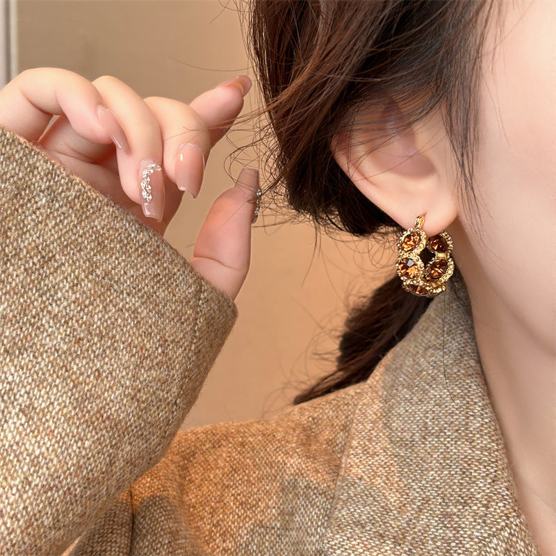 Brown Crystal Circle Ear Clip Women's Elegant Light Luxury Earrings High-Grade Earrings for Women