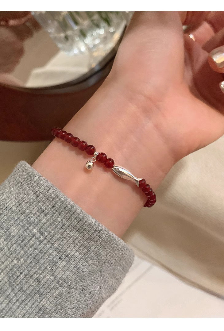 S925 Sterling Silver Fresh Style Red Agate Small Fish Bracelet for Women, Niche Design, Light Luxury, Versatile New Bracelet