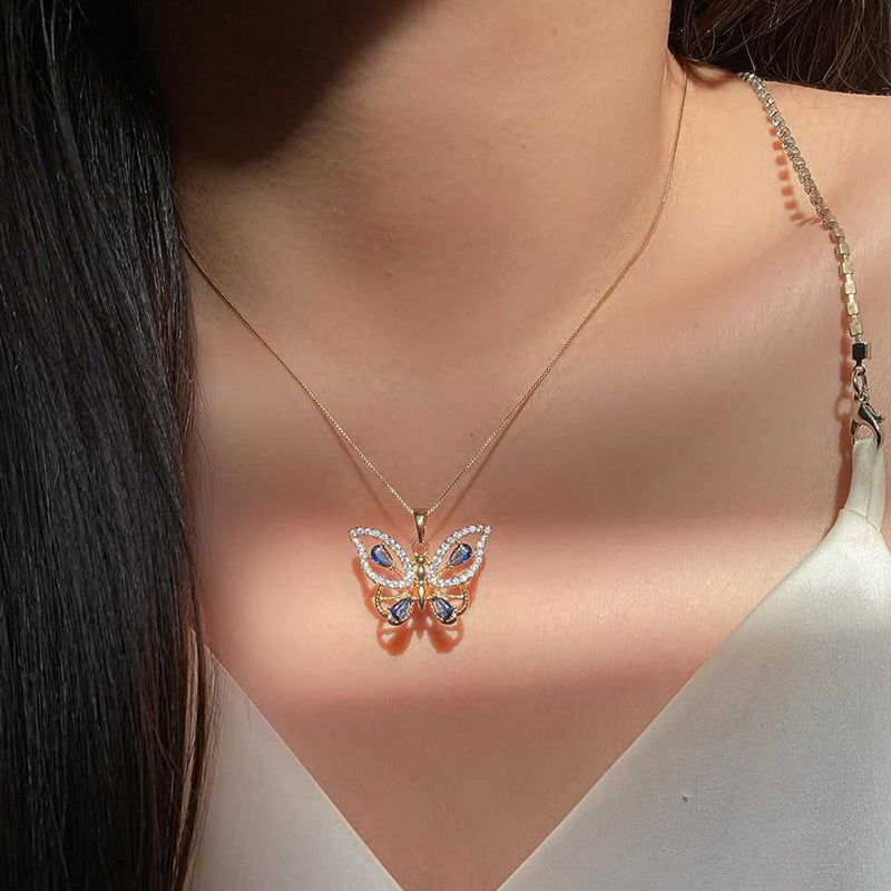 Alloy Diamond Butterfly Pendant Necklace Niche Joker Butterfly Necklace Clavicle Chain for Women