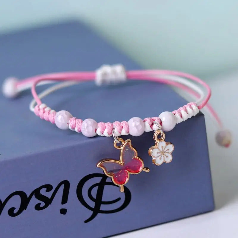 Kpop Cute Colorful Butterfly Bracelet for Women Girl Fashion Hand-woven Star Bell Beads Flower Pendant Bracelet Sister's Jewelry