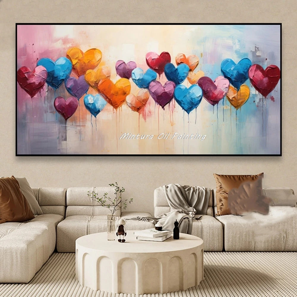Mintura,100% Handmade Knife Graffiti Pink Red Heart Oil Painting on Canvas,Modern Abstract Wall Art Picture,Room Home Decoration