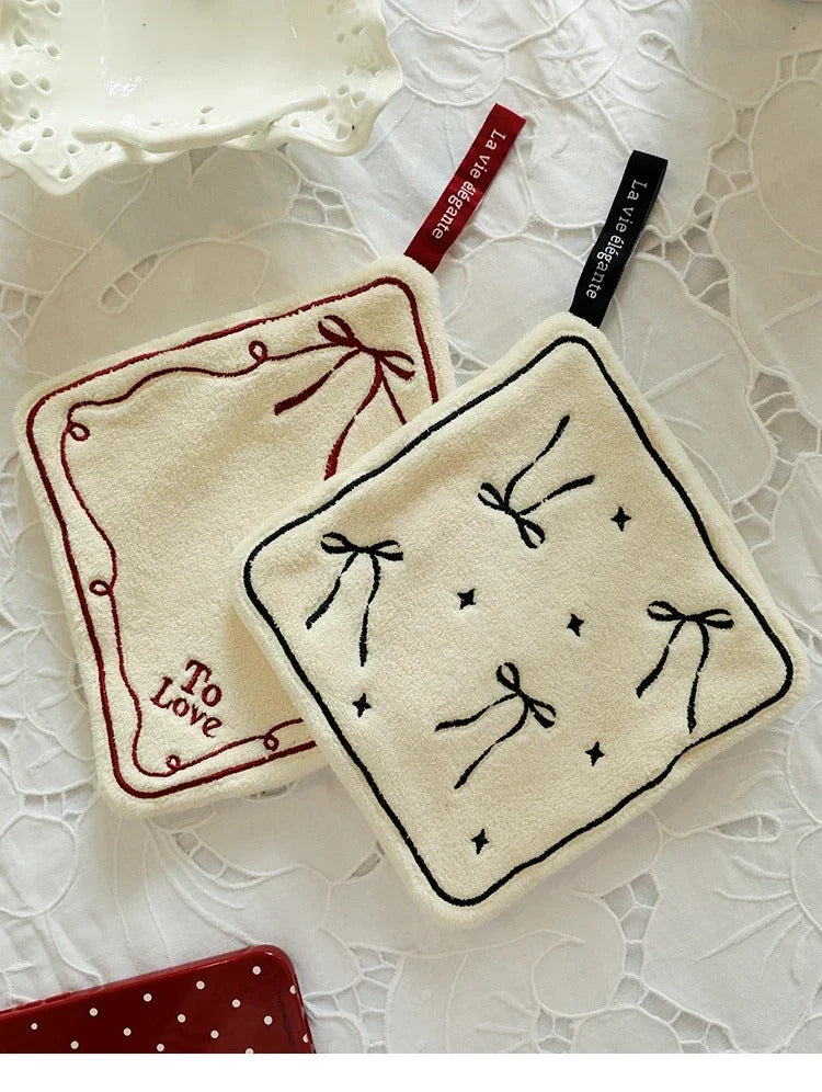 Double-layered Bow Pattern Thick Hand Towel Cleaning Cloths  Absorbent Hanging Towel Home Decoration Kitchen Accessories