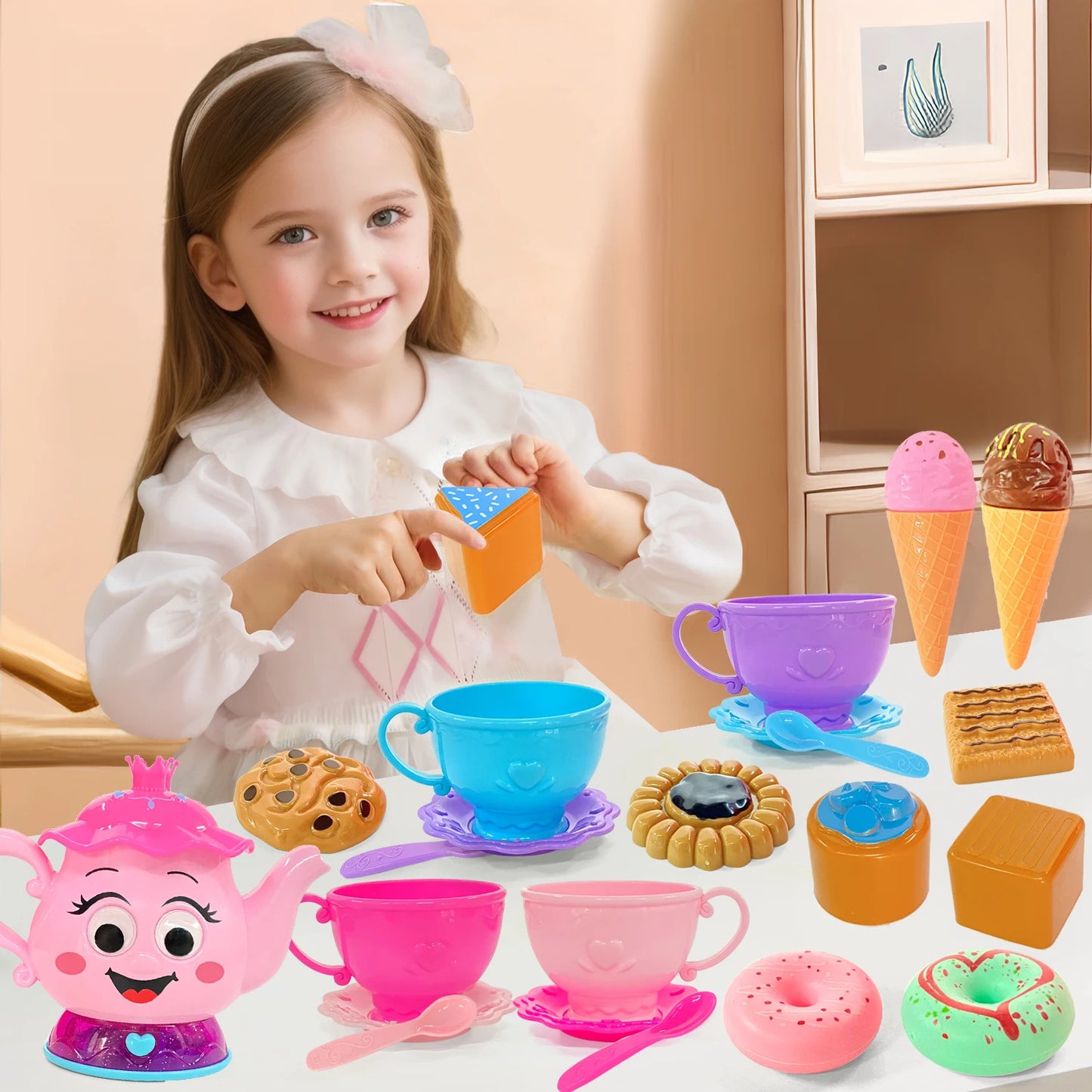 23 PCS Tea Party Set for Toddler Little Girls 3-5 with Teapot Tea Cup Music & Light Play Food Toy Kitchen Accessories for Kids