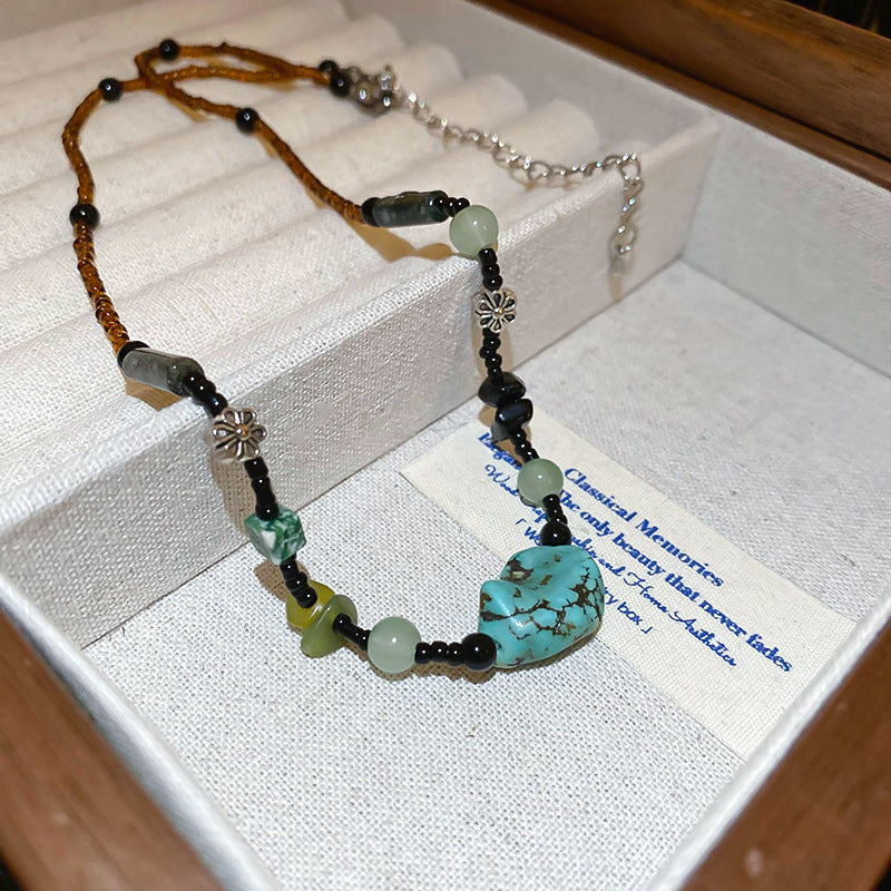 Titanium Steel Natural Stone Rice Bead Sun Necklace Retro Ethnic Style Niche Clavicle Chain Light Luxury High-end Fashion Jewelry