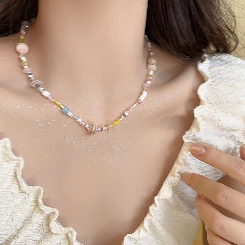 Candy-Colored Dopamine Necklace for Women All-Match Special-Interest Design Beaded Clavicle Chain Sweet Cool Hot Girl Necklace Online Influencer Jewelry