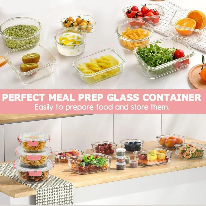 34pcs Glass Food Storage Containers with Lids Set, Airtight Glass Meal Prep Containers (17 Containers & 17 Lids), Leak Proof