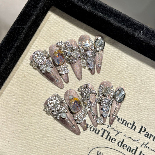 Rikaman Starry Sky Magic Mirror Cat Eye Handmade Wearable Nails Heavy Craft Dongzhou Diamond Full Hand Full Zircon Luxurious Handmade Beauty