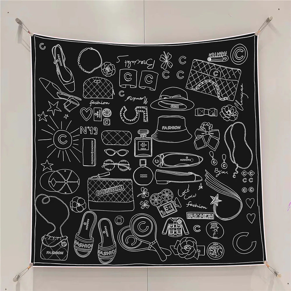 Fashion Graffiti Neckerchief Luxury Square Scarf for Women Silk Shawl Satin Hijab Wraps Hair Bands Headband Bandana Ribbon
