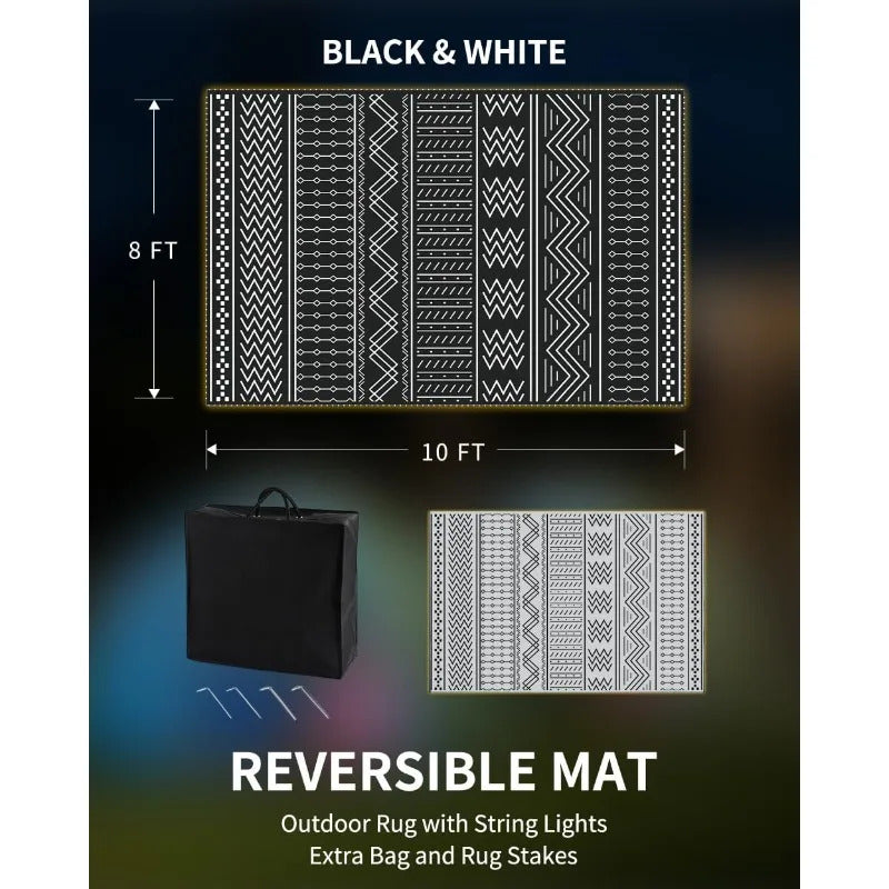 Outdoor Rug Carpet Waterproof 8x10 ft with LED Strip Lights-Patio Rug Mat Indoor Outdoor Rug for RV Camping Picnic