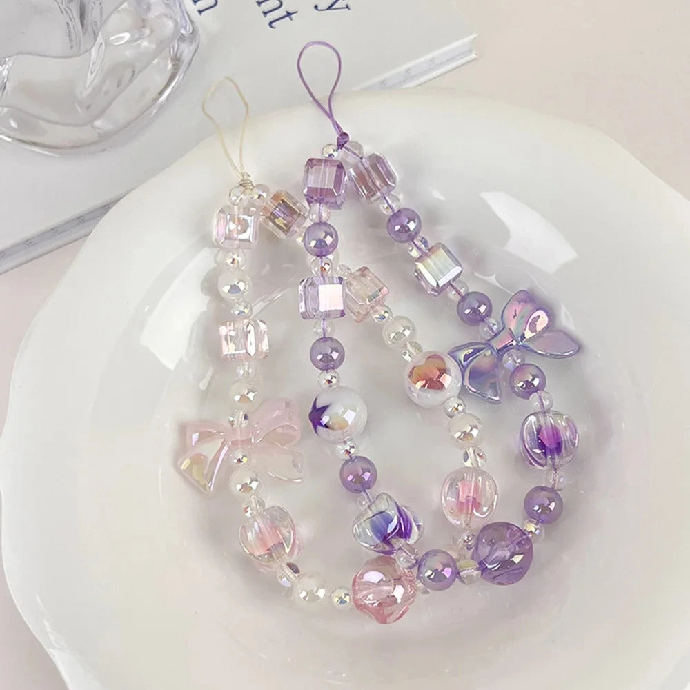 Sweet Candy Color Mobile Phone Chain Cute Bow Beaded Cellphone Pendant Charms Women Cell Phone Case Anti-loss Lanyard Jewelry