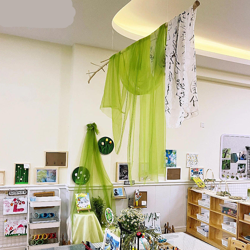 New Chinese Style Green Voile Kindergarten Environment Creation Ink Painting Ancient Style Classroom Ancient Style Scene Layout Background Wall Decoration