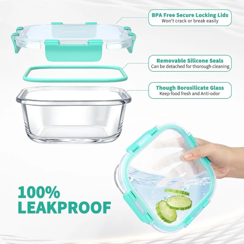 34pcs Glass Food Storage Containers with Lids Set, Airtight Glass Meal Prep Containers (17 Containers & 17 Lids), Leak Proof