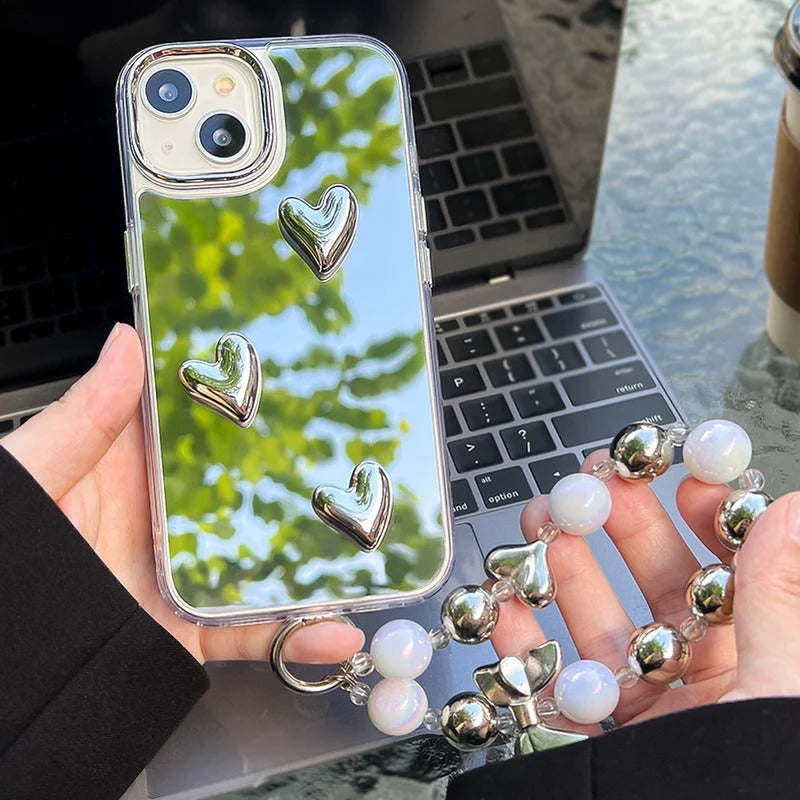 Love Heart Lanyard Mirror Phone Case For iPhone 13 11 16 15 Pro Max 12 14 Plus XR X XS Case Wrist Chain Makeup Mirror Soft Cover