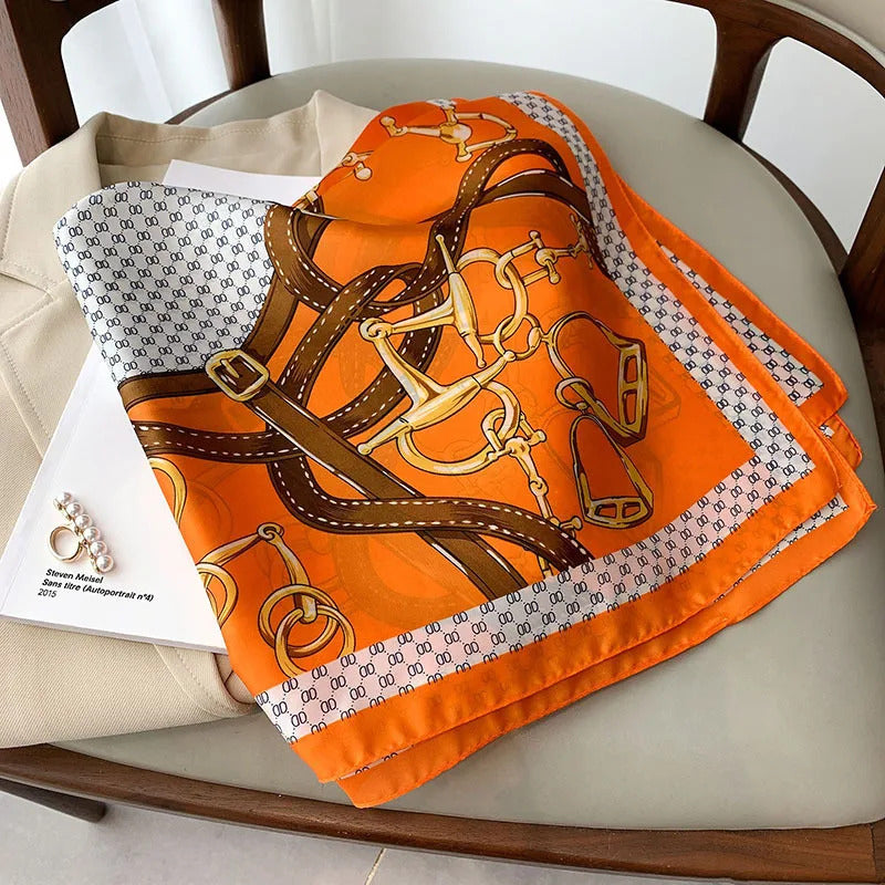 70cm Chain Print Silk Satin Hair Scarf Women Handkerchief Printed Female Square Head Bandana Small Neck Muffler Hijab Lady Girl