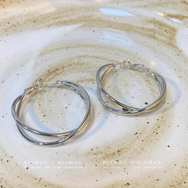 925 Silver Needle Hong Kong Style Retro Metal Earrings Women's High-Grade Geometric Simple Bracelet Ear Clip All-Match Exaggerated Commuter Earrings