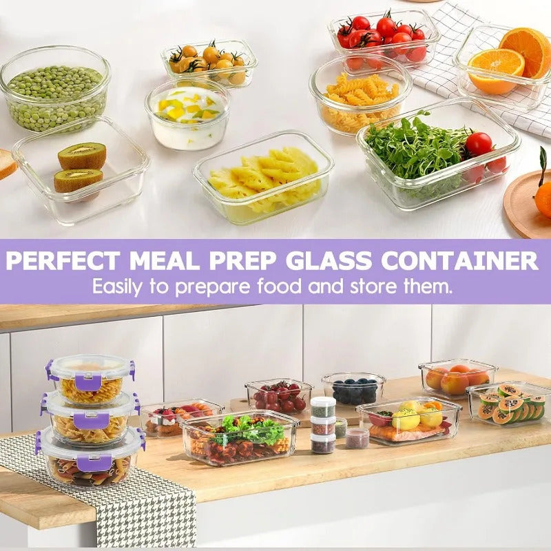 34pcs Glass Food Storage Containers with Lids Set, Airtight Glass Meal Prep Containers (17 Containers & 17 Lids), Leak Proof