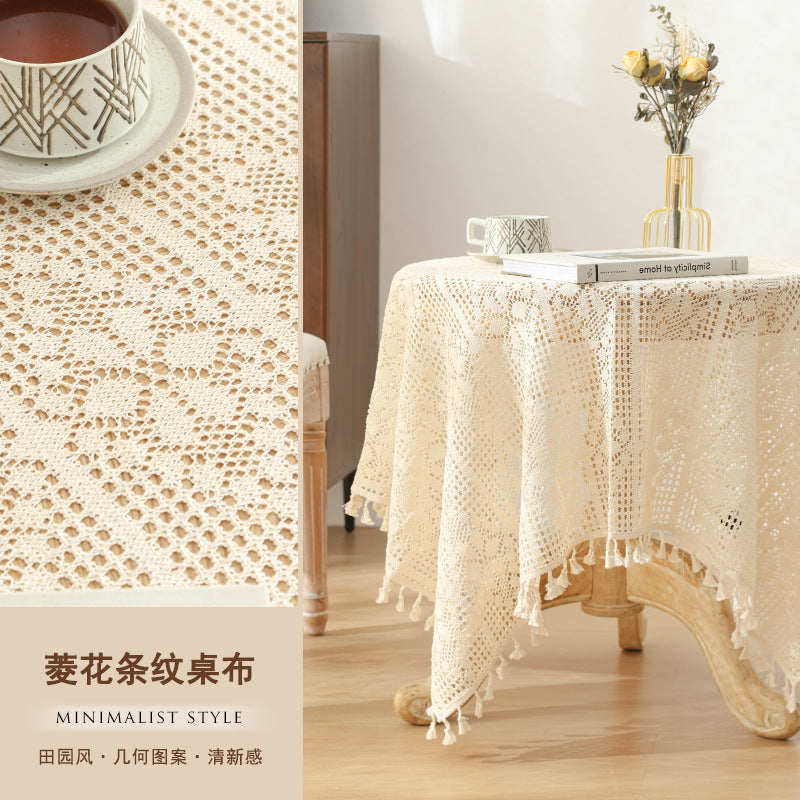 American Pastoral Cotton Woven Tablecloth Lace Hollow Crochet Tassel Dining Tablecloth French Cover Cloth Vintage Ins Tablecloth