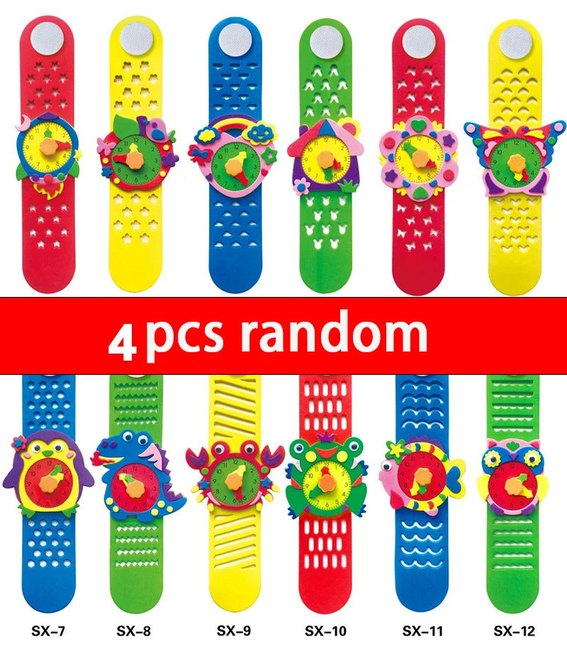 2/4/6PCS 3D EVA Foam Watch Kids DIY Art Craft Toys Cartoon Animal Clock Bracelet Handmade Material Kits For Children Boys Girls