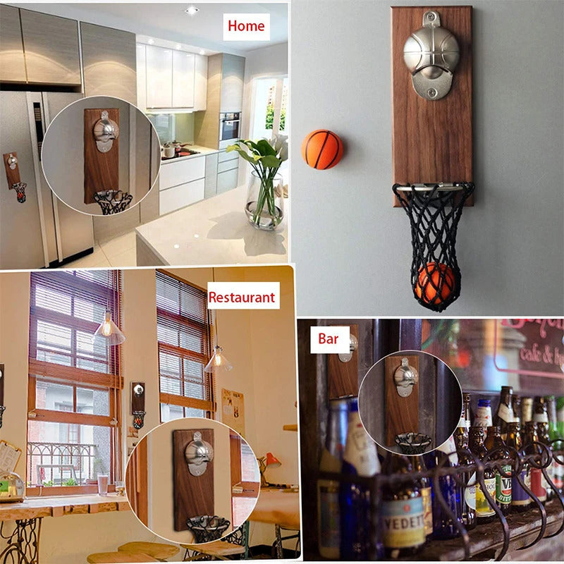 LMETJMA Magnetic Basketball Bottle Opener Wooden Wall-mounted Beer Bottle Opener with Cap Catcher Ideal Gift for Basketball JT82