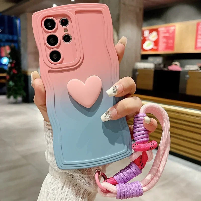 Love Heart Gradient Wrist Strap Case For Samsung Galaxy S25 Ultra S24 FE S23 S21 S20 S22 Plus Note 20 A55 A535 A25 A15 5G A05s