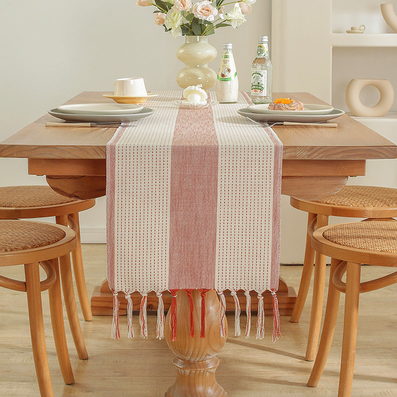 Cross-Border Trade Supply American Style Table Runner Cotton Linen Tablecloth Handmade Tassel Coffee Table Mat Home Long Table Decoration Cloth