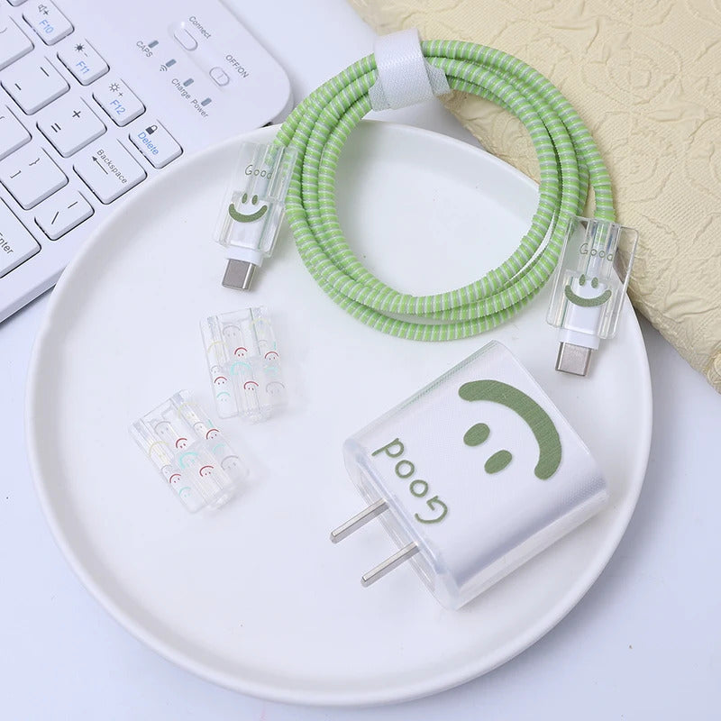 USB Cable Protection For Iphone 15 14 13 12 Cover Smiling Face Style Protective Data Line Spiral Winder 18 20W Charger Protector