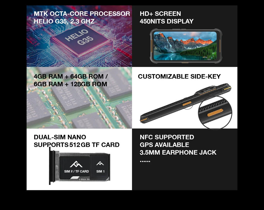 AGM H5 6+128G Rugged Smartphone Large Capacity 7000MAH IP68/IP69K Cell Phone 3.5W Loud Speaker Night Vision