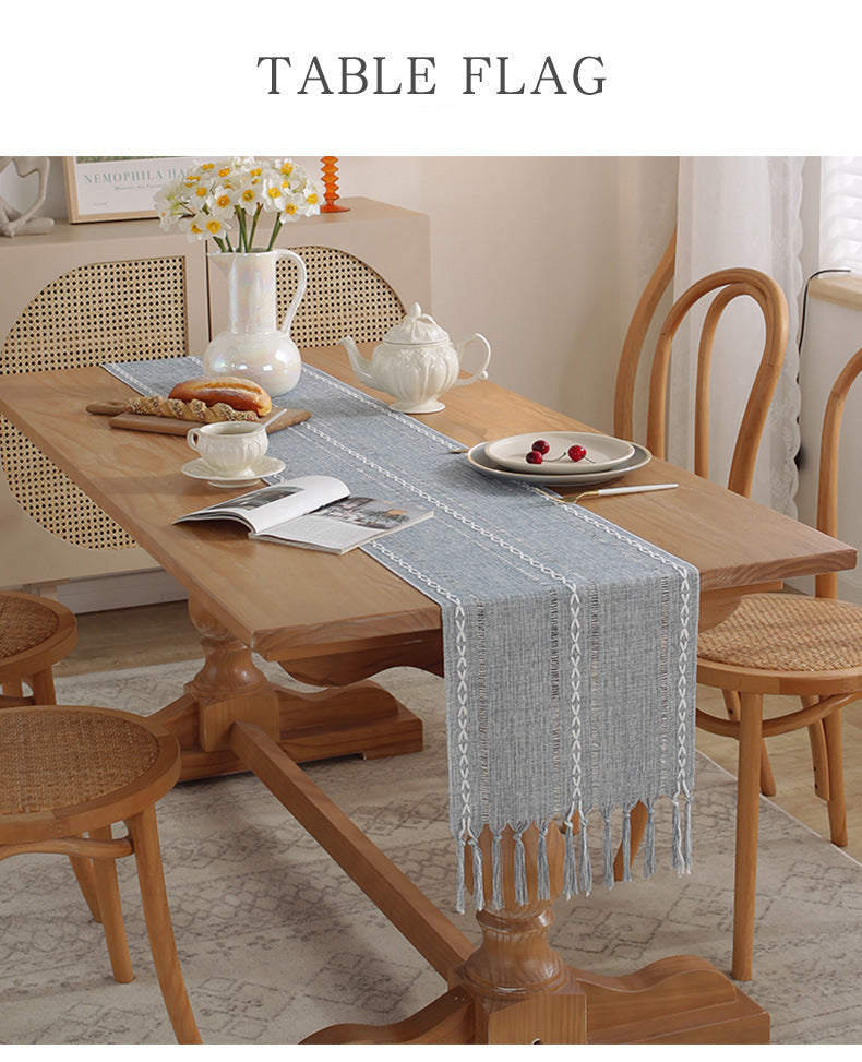 Cross-Border Trade Supply American Style Table Runner Cotton Linen Tablecloth Handmade Tassel Coffee Table Mat Home Long Table Decoration Cloth