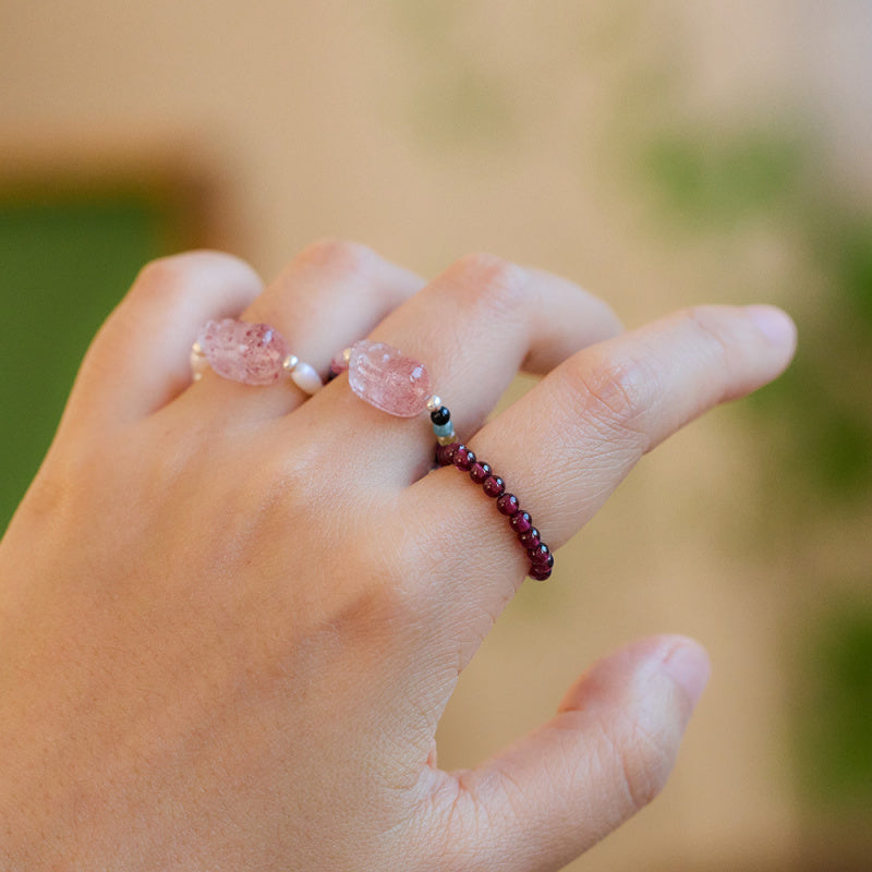 Natural Tourmaline Pixiu Ring Freshwater Pearl Garnet Crystal Stretch Good Luck Peach Blossom Rings