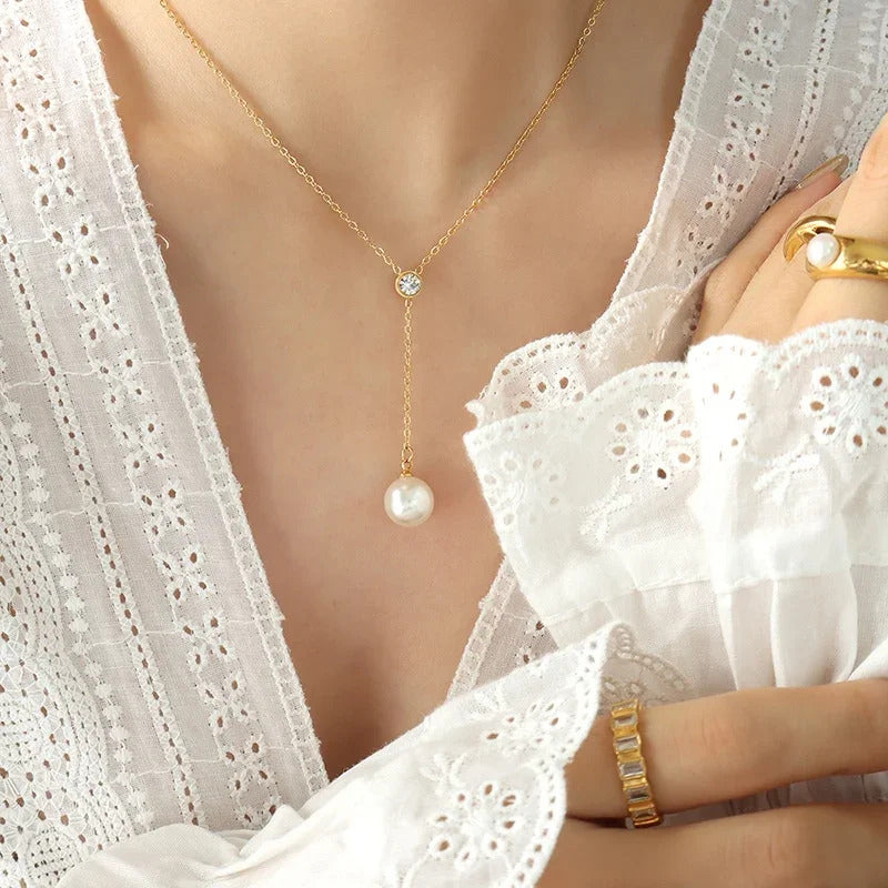 Women's Korean Style Stainless Steel Necklace Pearl Tassel Pendant Chain Zircon Minimally Designed