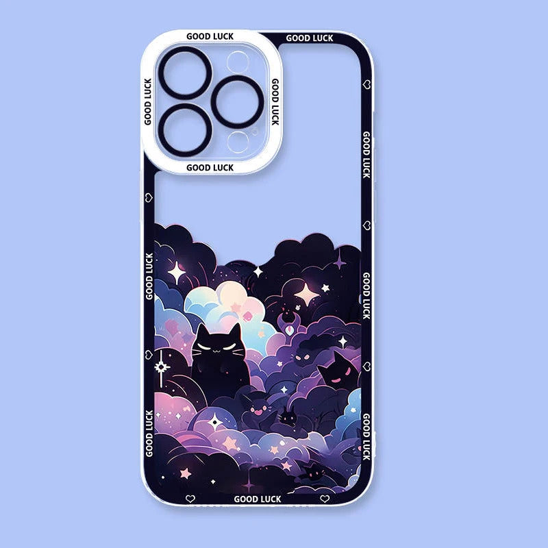 Cartoon Starry Sky Black Cat Clear Phone Case For Samsung Galaxy S24 S23 S22 Ultra S21 S20 FE Note 20 10 Plus A15 A25 A35 A55