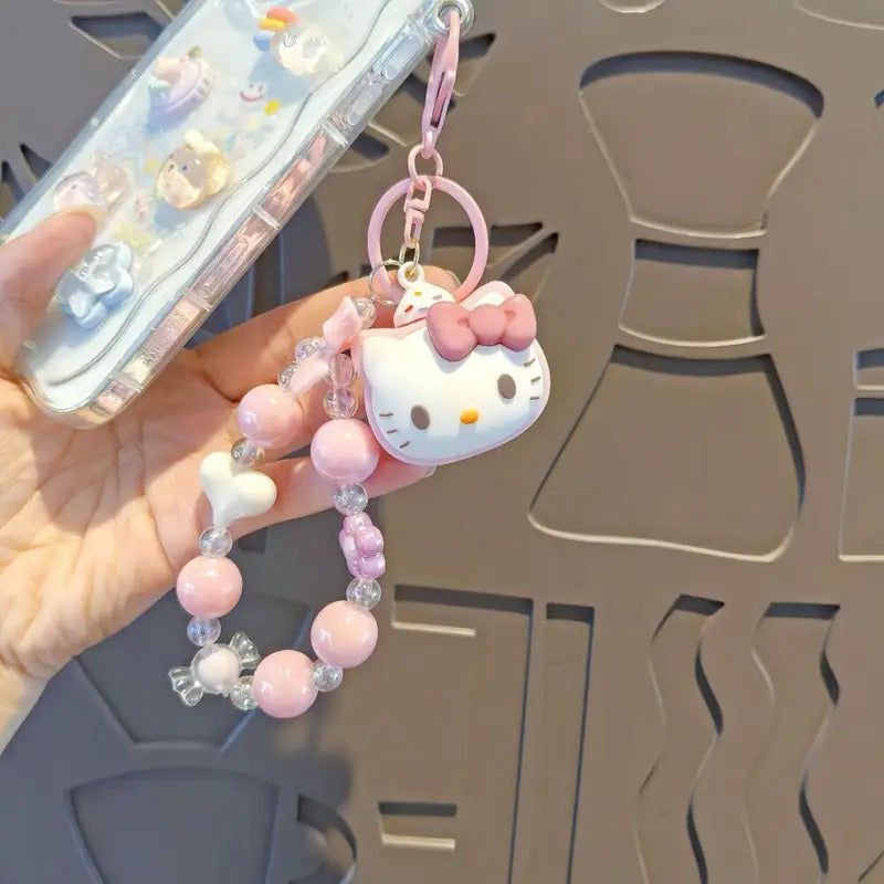 Sanrio Beaded Keychain Hello Kitty Cinnamoroll Kuromi Cute Cartoon Doll Pendant Phone Chain Keychains Bag Pendant Accessories