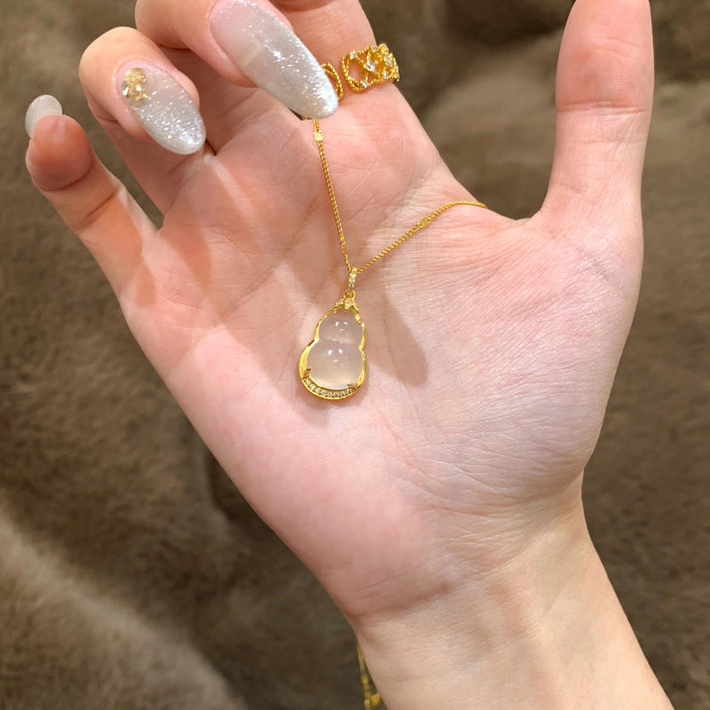 New Chinese Style Golden Branch Jade Leaf Ice Transparent Imitation Agate Gourd Necklace for Women Light Luxury National Trend Pendant Exquisite High-end Clavicle Chain