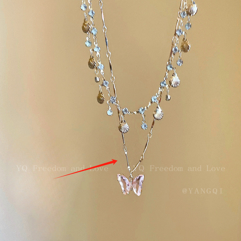 Blue Butterfly Double Tassel Necklace Summer Cool Necklace Accessories Female Niche Clavicle Chain