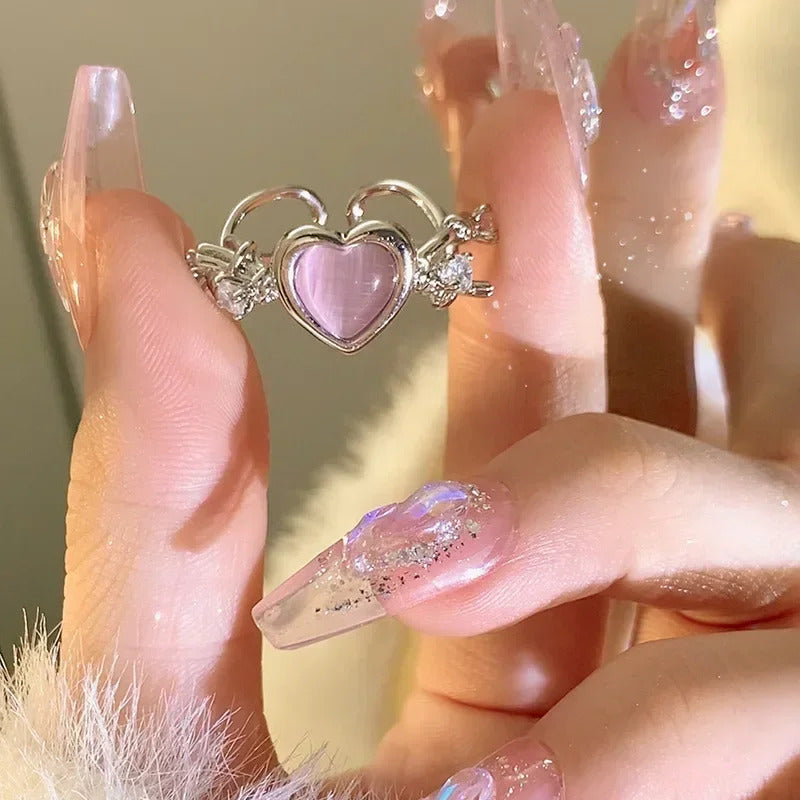 Pink Love Heart Rings for Women Opening Personality Thorn Finger Ring Fashion Sweet Girls Jewelry Wedding Party Accessories 2024